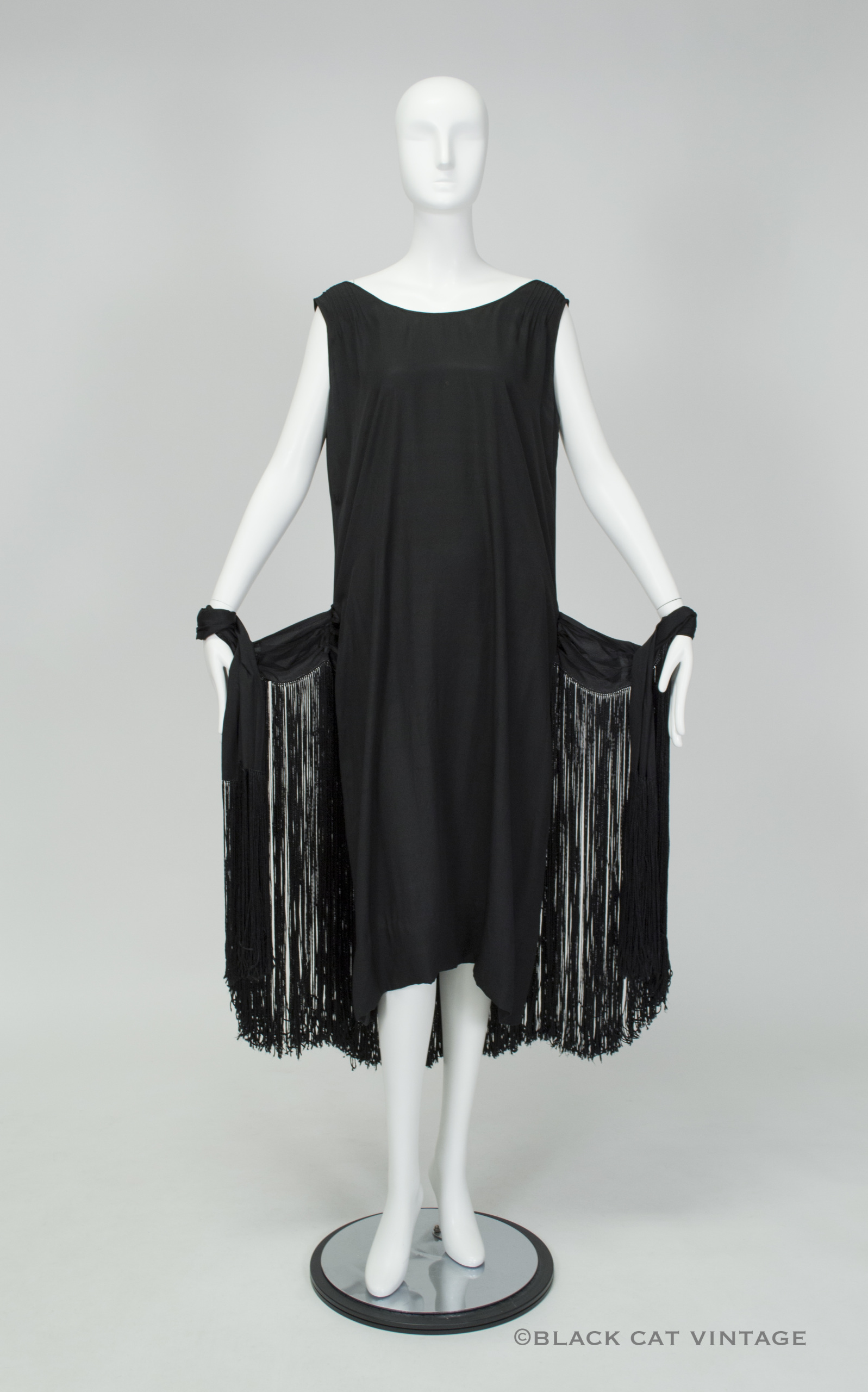 vvintage 1920s black silk fringe skirt flapper dress with sash waist ...